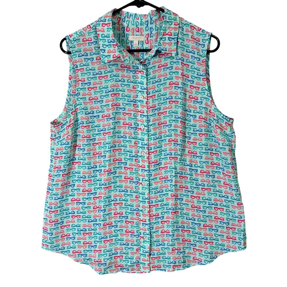 Talbots Womens Blouse Blue Multi Eye Glasses Pattern Sleeveless Button Down LP